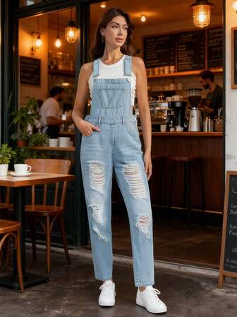 舒适宽松蓝色猫须条纹连体裤&背带裤 欧美时尚 春夏