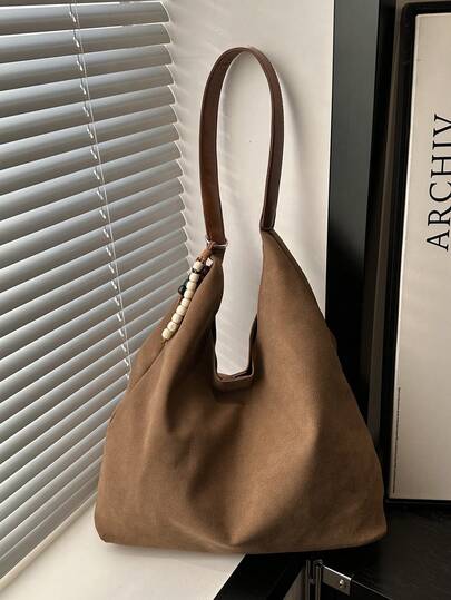 Coffee Brown Suede Hobo Bag, Large-Capacity Shoulder Bag, High-Quality Women's Bag, With Beaded Decoration, Suitable For Daily Commuting, Shopping, Taking Photos, And Gifting During Ramadan And Eid Al-Adha