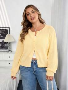 Plus Size Casual Solid Color Round Neck Long Sleeve Loose Short Women's Cardigan Sweater, Warm And Comfortable, Comfortable And Chic, Daily Commuting