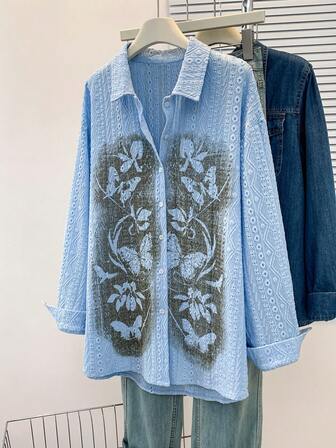 宽松蝴蝶印花衬衫，休闲春季款式