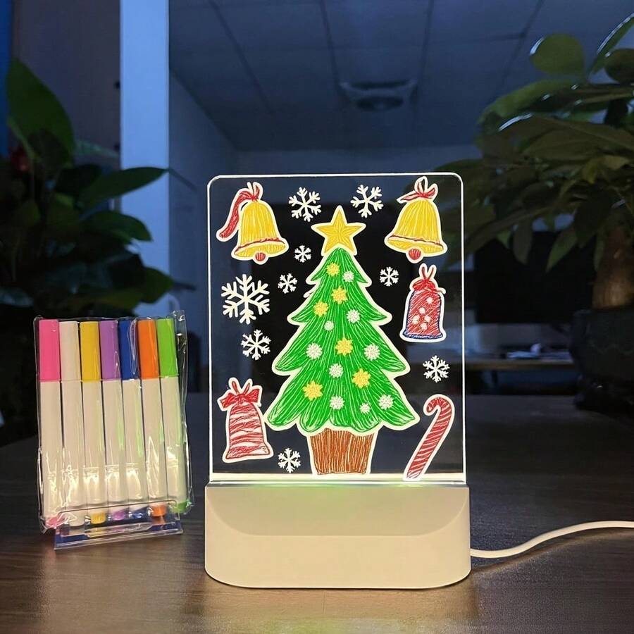 1 pieza Pizarra de mensaje de acrílico LED con 7 bolígrafos de colores - Pizarra blanca iluminada y borrable alimentada por USB, tema de princesa, adecuada para dormitorio, oficina, escuela - Excelente regalo para cumpleaños, Navidad, San Valentín, Acción de Gracias, Graduación, Luz LED para dormitorio - Multicolor - Ver 1