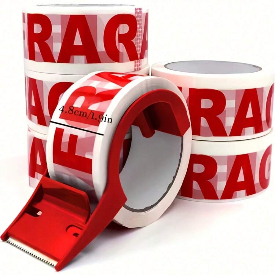 YITAPE 3 Rolls High Adhesive Fragile Packing Tape, Clear Tape & Tape Dispenser, Brown Packaging Tape & Tape Dispenser, High Adhesive Fragile Tape With English Warning Label - 1.89 Inch X 165 Ft, Durable Polyester, Suitable For Courier Boxes, Packaging And Shipping Supplies, Shipping Tape | Visible Packaging Tape | Flexible Packaging Tape - Red and White - View 1