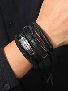 4件套手工编织PU皮革合金羽毛男士手链，时尚配饰 - 彩色 - 查看 3