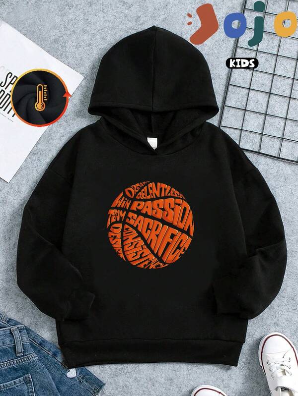 Basketball Print Top With Orange Lettering, Suitable For Tween Boy, Autumn/Winter, Oversized, Drop-Shoulder, Preppy Style, Soft And Comfortable, Sporty, Round Neck, Cute, Stylish, Versatile, Street Style, Heavy-Duty Thermal Lining, Thick And Warm, Minimalist Style.