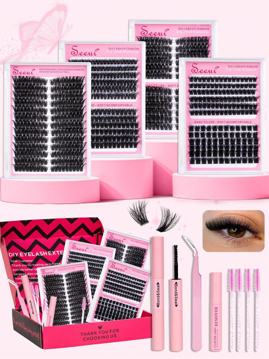 822pcs, 234pcs, 216pcs, 168pcs Individual False Eyelashes Set, 10-18mm Mixed Individual False Eyelashes Set, Includes Eyelash Glue, Sealer, Eyelash Tweezers, Eyelash Brush, Suitable For Daily Commute Or Festival Celebration DIY Eyelash Makeup Design - Black - View 1