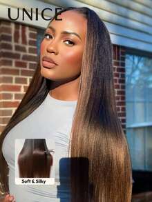 Wig 13x4 Pre Everything Lace Front Pre Cut Pre Bleached Pre Plucked Black Roots To Chestnut Brown Ombre Yaki Straight Frontal Wig With Drawstring Easy To Wear Fit All Head Sizes Transparent Lace 100% Human Hair Can Be Dyed Unice Hair - SNATURAL/33 - View 2