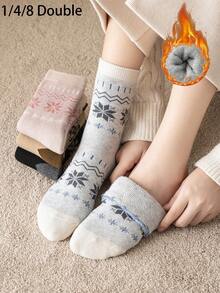 1/4/8 Pairs Women Socks, Soft & Skin-Friendly Fabric, Comfortable Non-Binding, Minimalist Striped & Patterned Design, Suitable For Office, Casual, Home Wear, Warm For Autumn/Winter With Thermal Lining - Multicolor - View 1