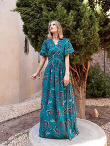 Faeriesty Vestido maxi elegante de gasa con cuello en V, estampado floral, mangas abullonadas y ribete de encaje, cintura ajustada, perfecto para vacaciones, bodas y fiestas de jardín. - Agua verde azul - Ver 6