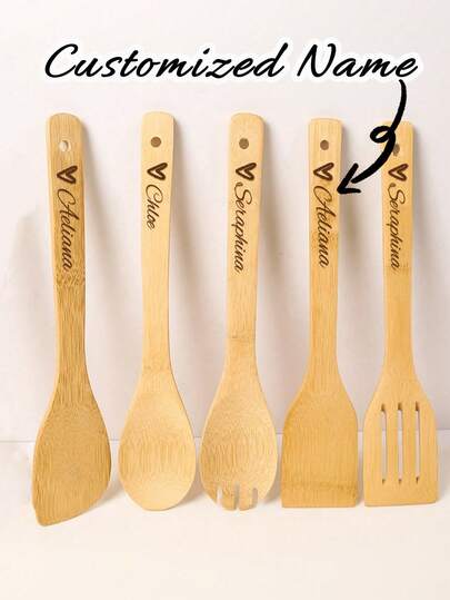 1/5pcs Of Love Customized Wooden Spoons For Cooking Are Suitable For All Kitchens. Made Of Bamboo Wood Salad Spatula, Kitchen Cooking Tools Personalized Customized Wooden Spatula And Wooden Spoon Three-Line Spatula, Natural Bamboo Wood Non-Stick Surface, Multi-Purpose Cooking Tools