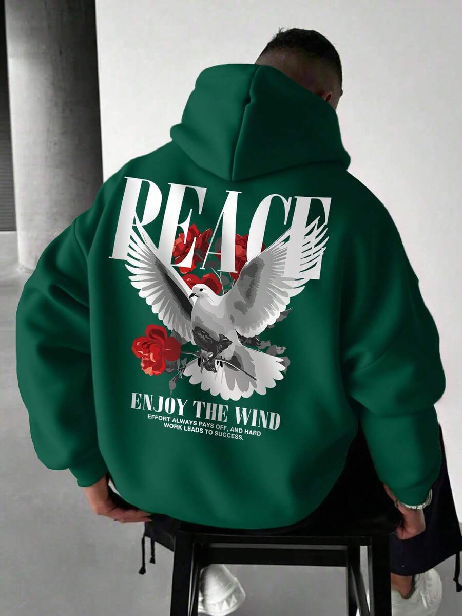 Áo hoodie nam thời trang thường ngày, đa năng, in hình biểu tượng hòa bình, có dây rút và túi kangaroo, thích hợp cho mùa Thu/Đông. - màu xanh lá - Xem 1