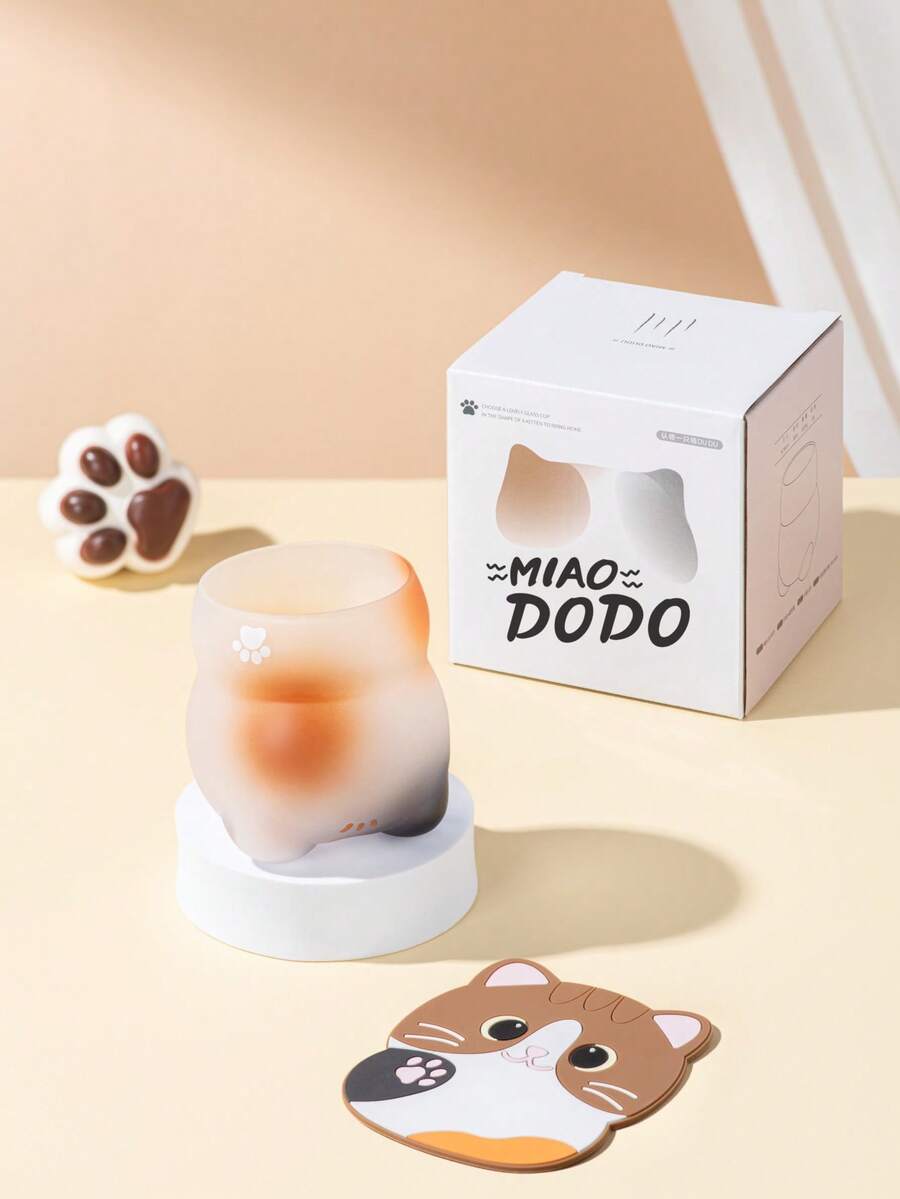 Taza de vidrio hecha a mano con caja de regalo de posavasos con gato, decoración del hogar y la cocina, regalo de cumpleaños y festivo lindo, taza de café, taza de gato mascota linda, taza de bebida - Multicolor - Ver 1