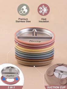 1pc Personalized Customization Name Suction Base Children Silicone Stainless Steel Plate Self Feeding Plate Tableware Print On Demand Children Tableware Essentials