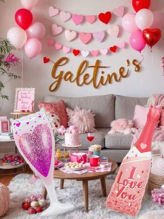 2个粉色派对酒瓶铝箔气球，包含爱心酒瓶和爱心杯子铝箔气球，适用于生日派对、情人节装饰、结婚纪念日、婚礼主题派对装饰