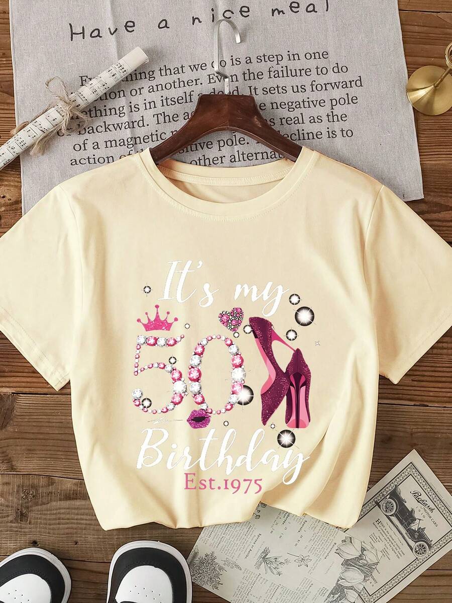 Summer Women EST 1975 50th Birthday Diamond Print T-Shirt - Apricot - View 1