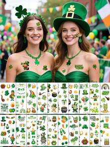 Bộ 20 hình xăm tạm thời Ngày Thánh Patrick, 20 tờ phụ kiện Ngày Thánh Patrick cho tiệc tùng Ireland, Hình xăm cỏ ba lá cho phụ nữ, Hình xăm mặt ngày Thánh Patrick mùa xuân không thấm nước - màu xanh lá - Xem 1