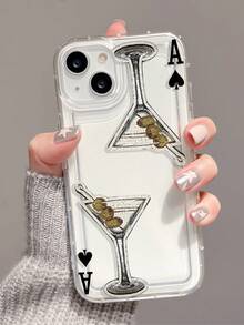 1pc Fashionable Personalized Playing Card & Cocktail Pattern Transparent TPU Shock-Absorbing Phone Case Compatible With IPhone 16/16Pro/16Plus/15/15ProMax/15Pro/11/12/13/14ProMax/12Mini/13Mini/11Pro/11ProMax/12Pro/12ProMax/13Pro/13ProMax/14Pro/14ProMax, Soft Case With Elegant Feel - Multicolor - View 1