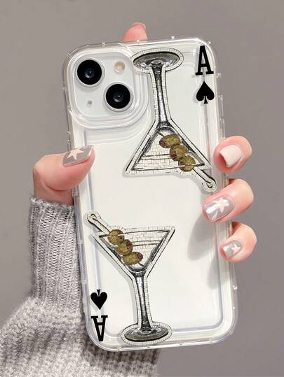 1pc Fashionable Personalized Playing Card & Cocktail Pattern Transparent TPU Shock-Absorbing Phone Case Compatible With IPhone 16/16Pro/16Plus/15/15ProMax/15Pro/11/12/13/14ProMax/12Mini/13Mini/11Pro/11ProMax/12Pro/12ProMax/13Pro/13ProMax/14Pro/14ProMax, Soft Case With Elegant Feel