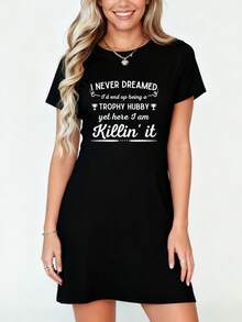 Mens Never Dreamed I'd End Up Being A Trophy Hubby- Funny Husband T-Shirt Dress Women's Dress, Casual Summer Dress - màu đen - Xem 1