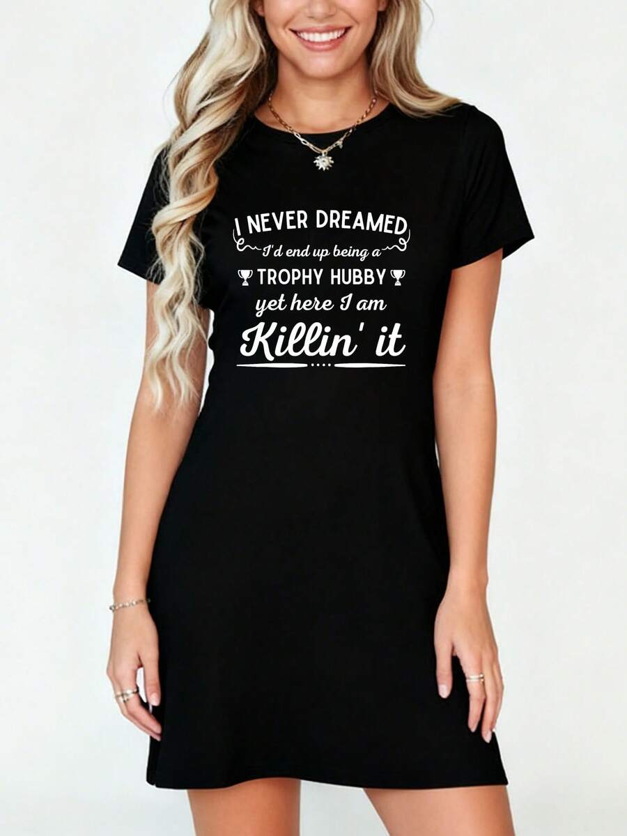 Mens Never Dreamed I'd End Up Being A Trophy Hubby- Funny Husband T-Shirt Dress Women's Dress, Casual Summer Dress - màu đen - Xem 1