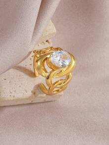 1 pieza Anillo de mujer de lujo con circonita estilo francés, diseño geométrico chapado en oro de 18K de acero inoxidable, adecuado para uso diario, citas, fiestas, conciertos, joyería - Amarillo Oro - Ver 16