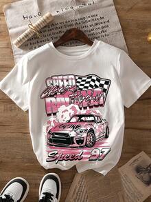 1 camiseta con estampado digital divertido coche, velocidad, bandera, carreras 180g, serie clásica, camiseta de manga corta para mujer, 100% algodón, cuello redondo retro casual - Blanco - Ver 1