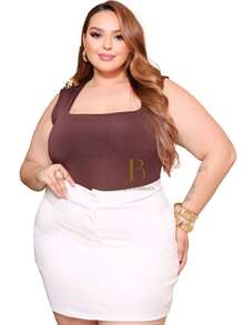 Women's Plus Size Short Sleeve Tank Top Bodysuit, Summer Style, Square Neckline With Closure - Rust Brown - View 5