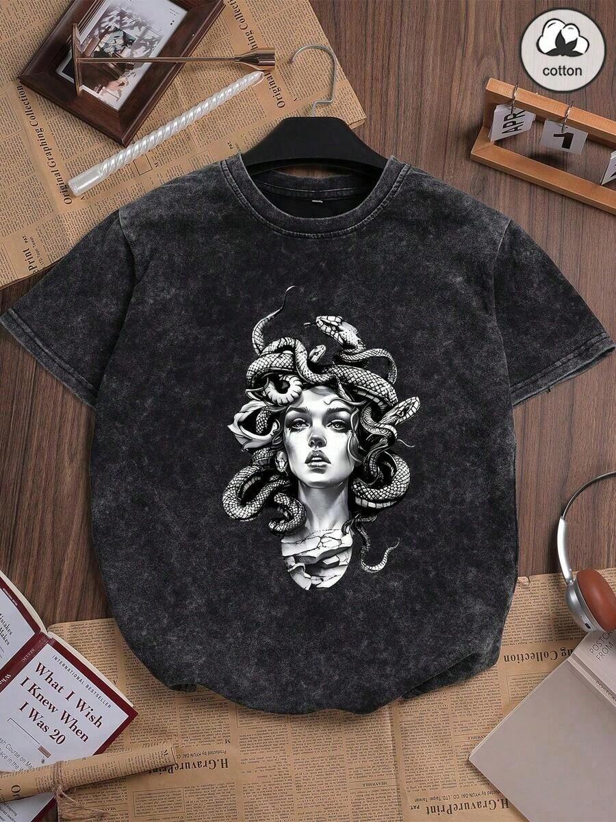 Cotton Es Trus, Fun Summer Print For Women, Hip-Hop Style "Medusa", Custom Print, Korean Street Style, Comfortable Retro Basic Clothing, Versatile Fashion Y2k, Suitable For Outdoor Leisure, Regular Niche Punk Style, Washed Short Sleeve Crew Neck Black T-Shirt, Well Fitted - 黑色 - 查看 1