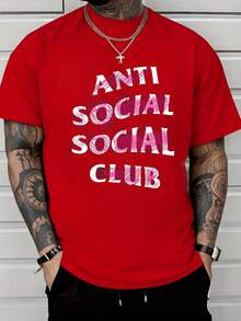 Bold Anti Social Club Text With Pink Scribble Graphic Symbolizing Rebellion And Individualism 100% Cotton Men's Casual Streetwear Tshirt - 紅色 - 查看 8