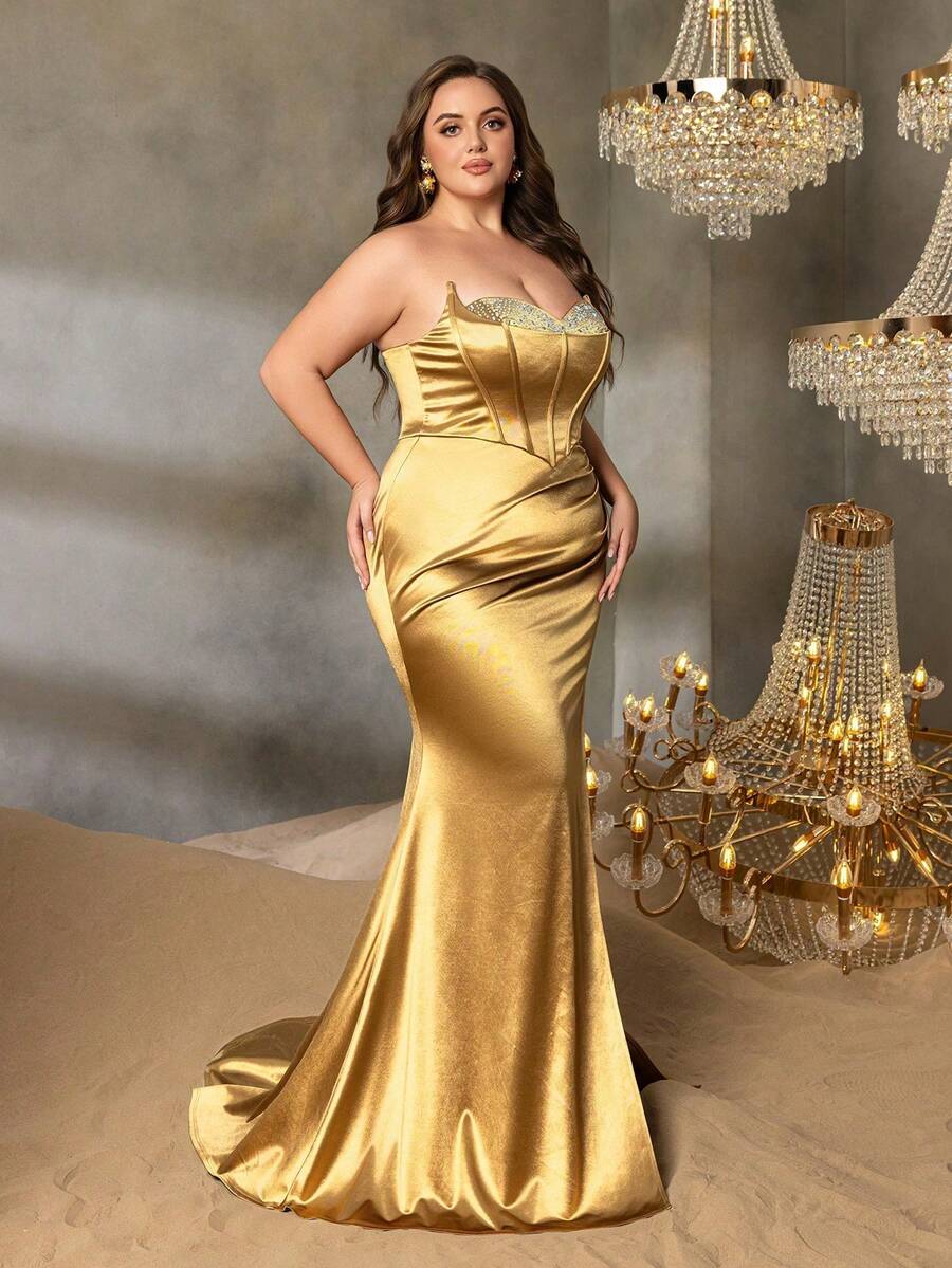 فستان سهرة طويل للمرأة ذو قصة حورية بدون أكتاف مع شق عالي في الفخذ وصدرية مشدودة، فستان رسمي أنيق من الساتان ذو ذيل وذيل جرس للحفلات الرسمية السوداء، فساتين ضيوف الزفاف، فساتين أم العروس، حفلات السجادة الحمراء، والعشاء الرسمي، ملابس رأس السنة الجديدة - الذهبي - مشاهدة 1