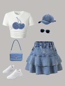 Tween Girl Letter Graphic Print Short Sleeve Top And Denim Skirt Set - White - View 1