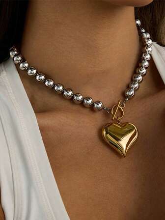 1pc 18K Gold Stainless Steel Dual-Tone Beaded Chain Heart Pendant Necklace, Fashionable Ins 2026 Design, Suitable For Women's Daily Wear, Waterproof Jewelry Accessory, Valentine's Day Gift, USA