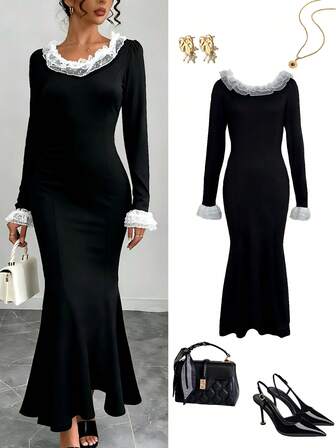 女士春季及四季皆宜的圣诞新年服装：黑色拼接蕾丝边优雅长款派对晚礼服