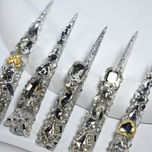 10Pcs Handmade Extra Long Stiletto Press On Nails, Luxury Sparkling Style, Dense Rhinestones, Gold Accents, Multi Shape Gems, Gala, Evening Parties Summer - 銀色 - 查看 7