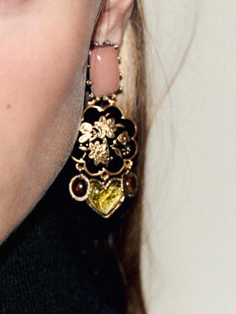 ZAA 花卉心形吊坠耳环，流苏耳环，复古轻奢耳环，波西米亚中世纪风格耳环，女士珠宝 - 彩色 - 查看 1