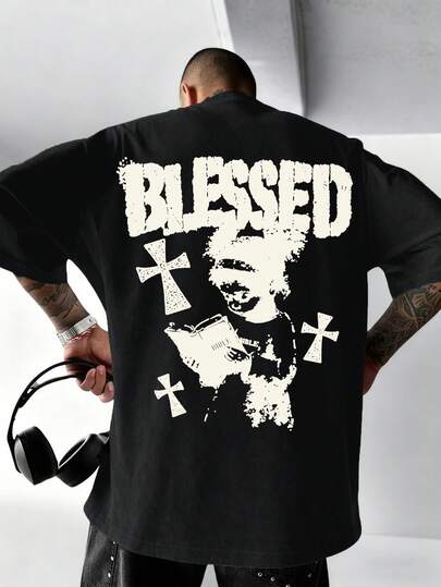  Zrgoth Men's Casual Versatile Simple English Cross & Dark Portrait Graphic Short Sleeve T-Shirt