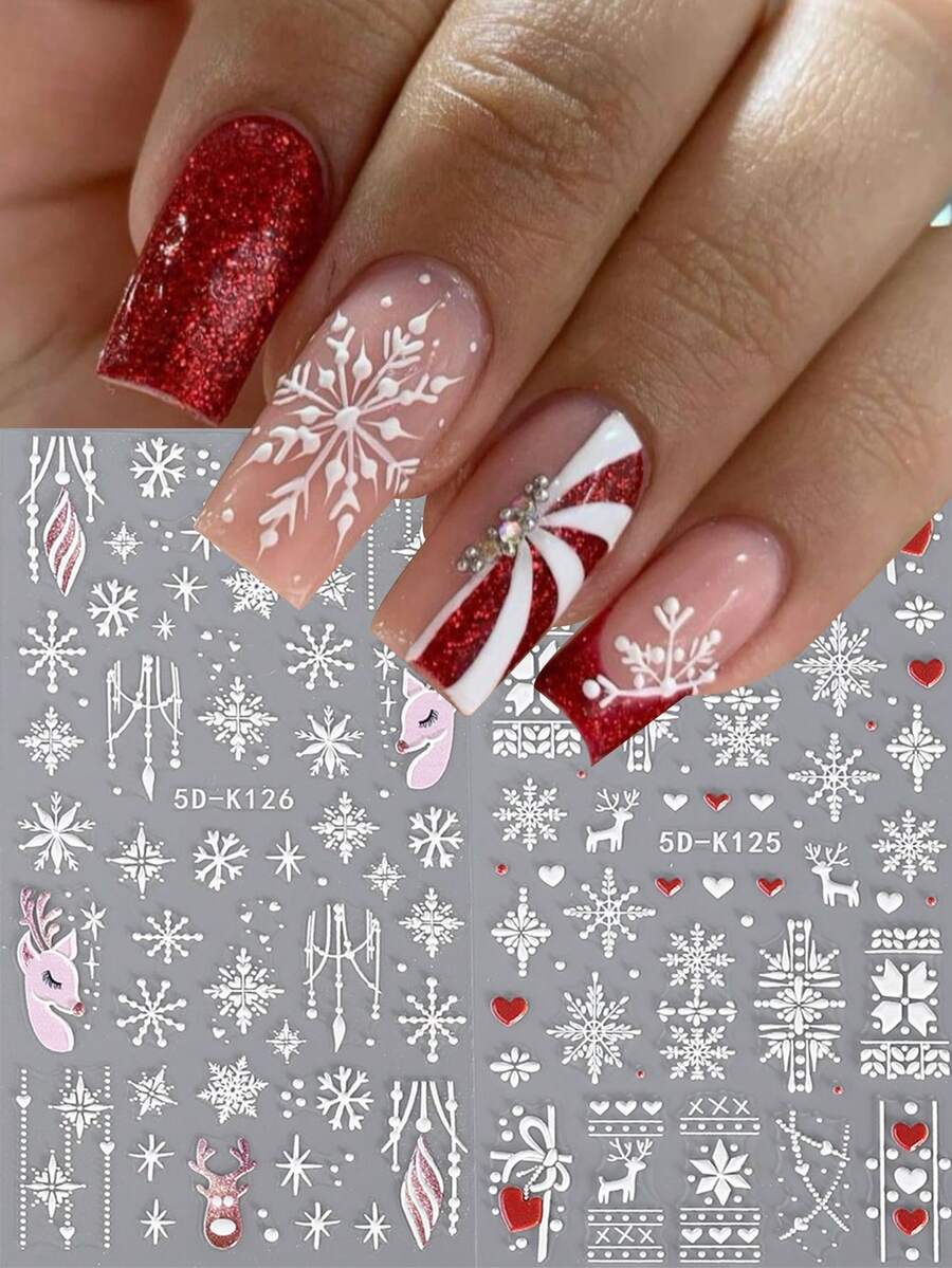 2 miếng dán móng tay hình bông tuyết trắng mùa đông 5D nổi, tự dính, kèm họa tiết áo len, trái tim và hươu, phụ kiện trang trí móng tay cho mùa lễ hội. - Nhiều màu - Xem 1