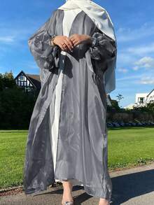 女士优雅薄纱长款宽松阿拉伯长袍和服开衫，蝙蝠袖，不含头巾，不含内衬，春季快速发货 - 灰色 - 查看 3