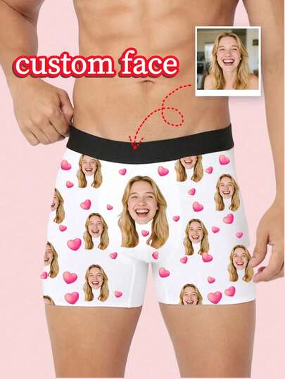 1 PC Custom Men's Boxers - Personalized Face & Pink Heart Pattern, Men Custom Underwear | Top-Notch Birthday/Anniversary Gift, Ideal Boyfriend Gifts, Customizable Things, Men's Underwear, Gifts For Men, Christmas Gifts, Stocking Stuffers For Adults, High-Quality Versatile Present For Your Boyfriend