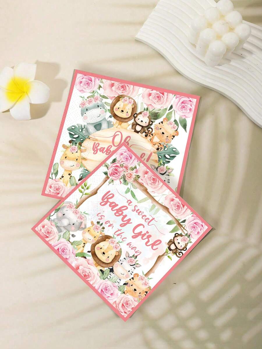 48pcs, 13*13IN Pink Theme Napkins - Fresh Floral & Letter Print, Soft Romantic Style, Suitable For Baptism/Party/Cute Celebration Events And Daily Use - Multicolor - View 1