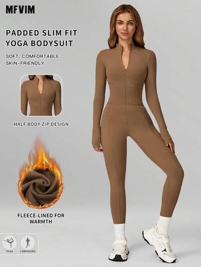 MFVIM Light Brown Slim Fit Thermal Jumpsuit, Comfortable Casual Sexy Outdoor Commute, Suitable For Yoga, Gym, Running And Workout, Versatile Jumpsuit For Autumn/Winter