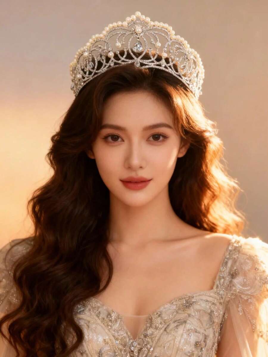 1件水晶珍珠皇冠头饰，新娘婚礼皇冠，适合女士晚宴派对服装 - 銀色 - 查看 1