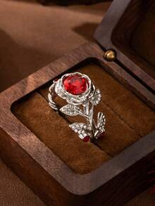 1枚流行女士时尚奢华优雅花卉锆石戒指，婚礼订婚派对珠宝礼物 - 銀色 - 查看 7