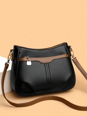 1 pieza Bolso bandolera de estilo de bloque de color, material de textura de litchi, gran capacidad con múltiples compartimentos, adecuado para uso diario de mujeres, bolso bandolera de varias capas para el transporte en la temporada de otoño/invierno