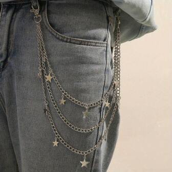 1pc Silver Pentagram Punk Waist Chain With Tassel & Dual Buckle - Perfect Fashion Statement Accessory