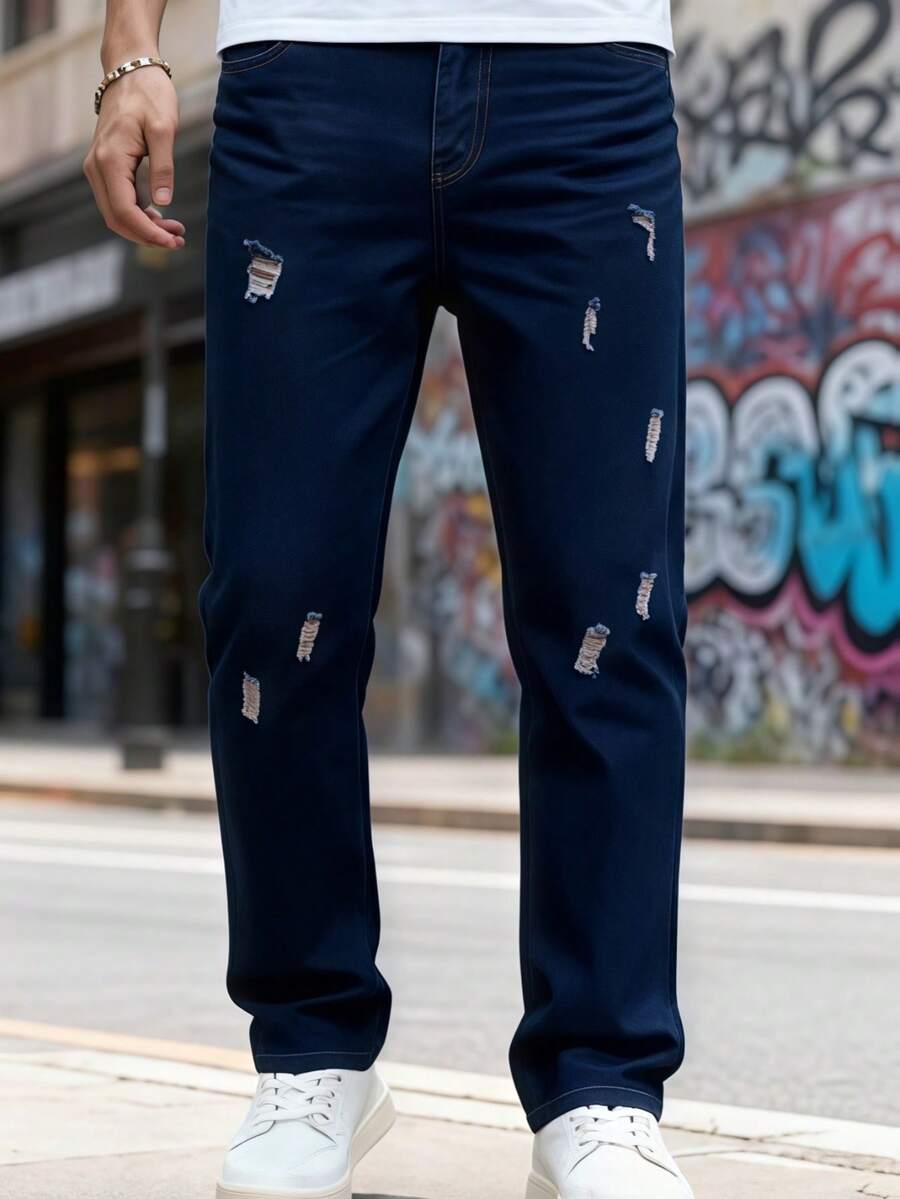 Nuevo 2025, Pantalones vaqueros de agujero recto para hombres, pantalones de mendigo de moda de moda, personalidad rota, joven, en busca de la personalidad, desinhibido, diferente de la moda, azul, azul claro, cintura media, ocio, relajación, comodidad, primavera, verano y otoño se pueden usar - Azul - Ver 1