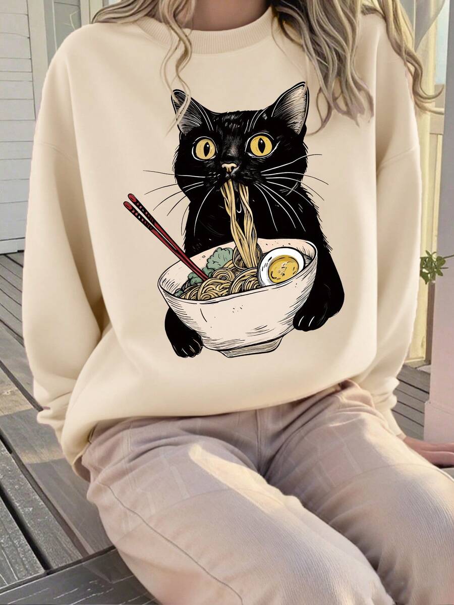 1 件女童可爱有趣的黑猫吃面条印花圆领运动衫，舒适柔软，春秋日常休闲装 - 杏色 - 查看 1