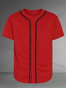 Men's Classic Solid Color Baseball Jersey Plain Casual Button-Up Shirt Short Sleeve Sports Baseball Uniform Suitable For Party Gifts Game Or Everyday Wear - 紅 黑 - 查看 1