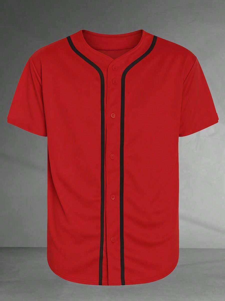 Men's Classic Solid Color Baseball Jersey Plain Casual Button-Up Shirt Short Sleeve Sports Baseball Uniform Suitable For Party Gifts Game Or Everyday Wear - 紅 黑 - 查看 1