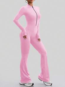 Aaseow Women Jumpsuits Long Sleeve Yoga Slim Fit Stretch One Piece Romper Fitness Female Black Basic Sportwears Tight Zipper - Pink - View 5