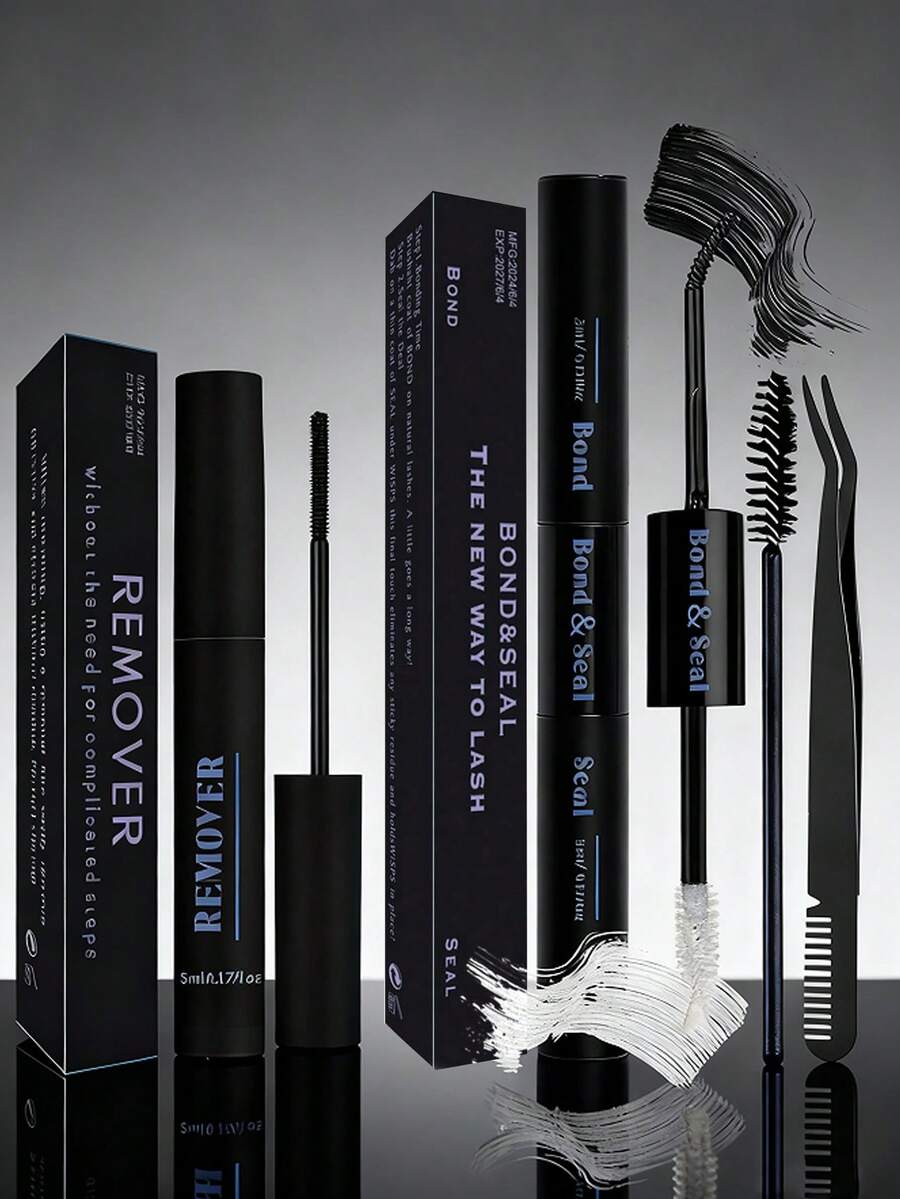 4件套睫毛胶水及定型液套装，包含睫毛胶水及定型液、簇状睫毛胶水卸除液、72小时强力睫毛胶水卸除液、便携式睫毛刷，适合睫毛嫁接初学者（黑色和粉色） - 黑色 - 查看 1